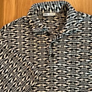 Zara Geometric Knit Polo Shirt Mens Small Black White Textured Resort Retro